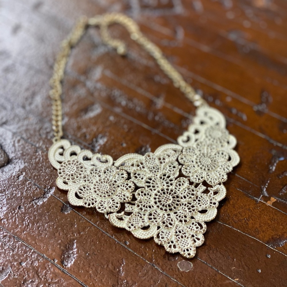 Anthropologie White Lace Metal Bib Necklace